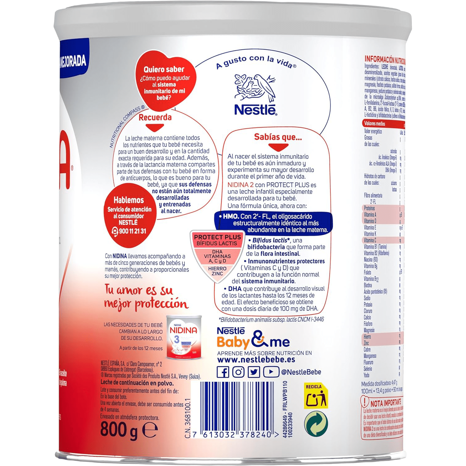 Nestlé NIDINA 2 Leche en Polvo Bebé, Leche de Continuación indicada para Bebés desde los 6 Meses, Contiene Bífidus Lactis, DHA, Hierro, Zinc y Vitaminas A, C y D, 800g por Bote