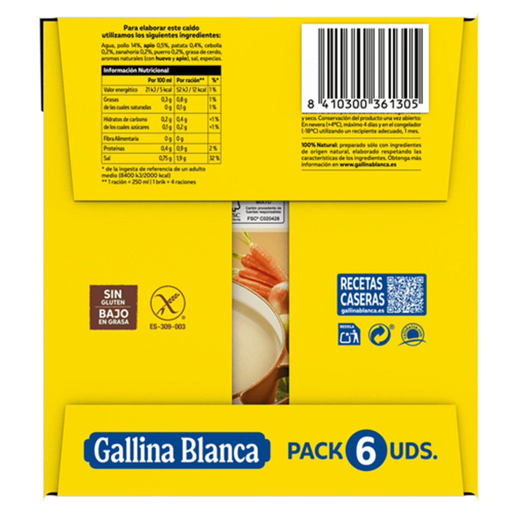 GALLINA BLANCA Caldo Casero de Pollo 100% Natural, Elaborado con Pollo Fresco y Verduras de la Huerta, Cocinado a Fuego Lento Durante 3h. Sin Gluten, Sin Conservantes, Bajo en Grasa, Caja de 6 Unidades de 1L