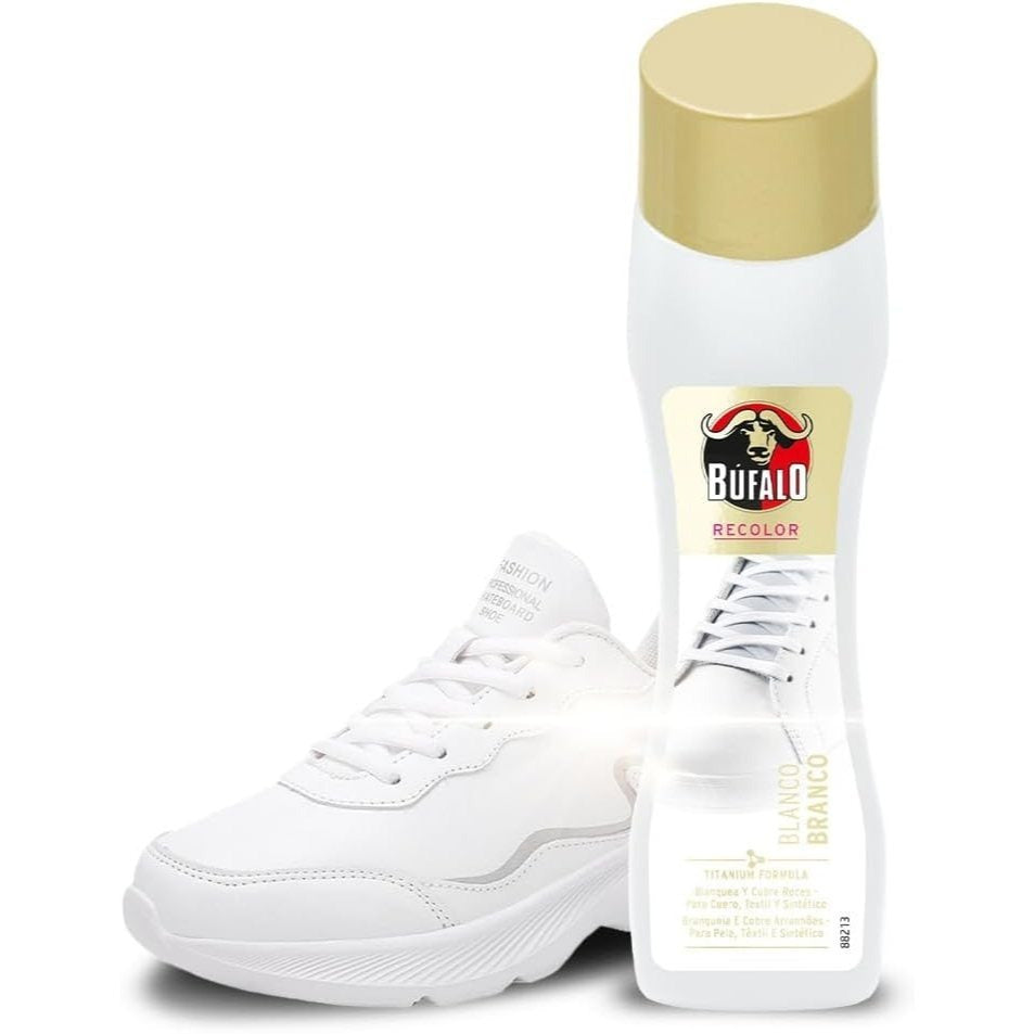 Búfalo Crema para Zapatos Autobrillante Color Blanco, Formulada con Aceite Natural de Almendras, Cuidado del Calzado y Color, Brillo Intenso Inmediato, Frasco de 50ml