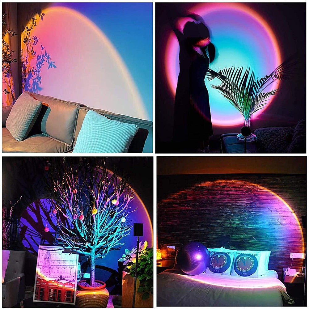 Lámpara Atardecer USB, Proyector de Luz de Puesta de Sol, Lámpara de Proyección de Atardecer, Cable USB, Proyector de 4 Colores con Luz Ambiente, Proyección Circular, Rotación 180º, Aluminio Resistente, Ideal para Decoración y Crear un Ambiente Único