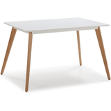 Mesa Comedor para 4-6 Personas, Mesas de Cocina estilo Nórdico, Diseño Resistente, Duradero y Ligero, Ideal para Uso Diario, Tablero MDF Blanco Mate, Patas de Madera de Haya Maciza con Protectores Antirayaduras, Adaptable a Cualquier Espacio