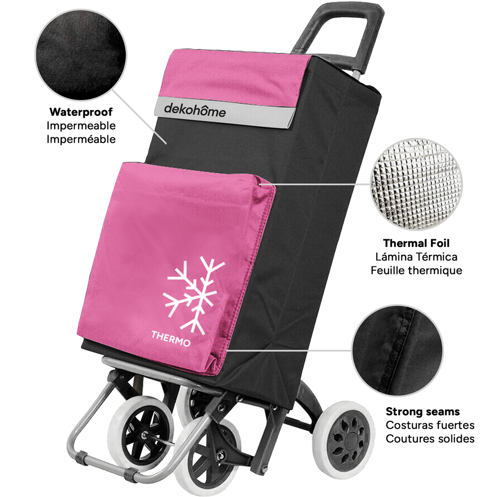 Carro Compra Plegable 4 Ruedas con Bolsillo Térmico para Congelados, Carro Plegable con Ruedas, 54 Litros de Capacidad y 40 Kg de Carga Máxima, Compartimentos Extra, Ruedas Grandes Resistentes para Facilitar el Movimiento y el Transporte del Peso