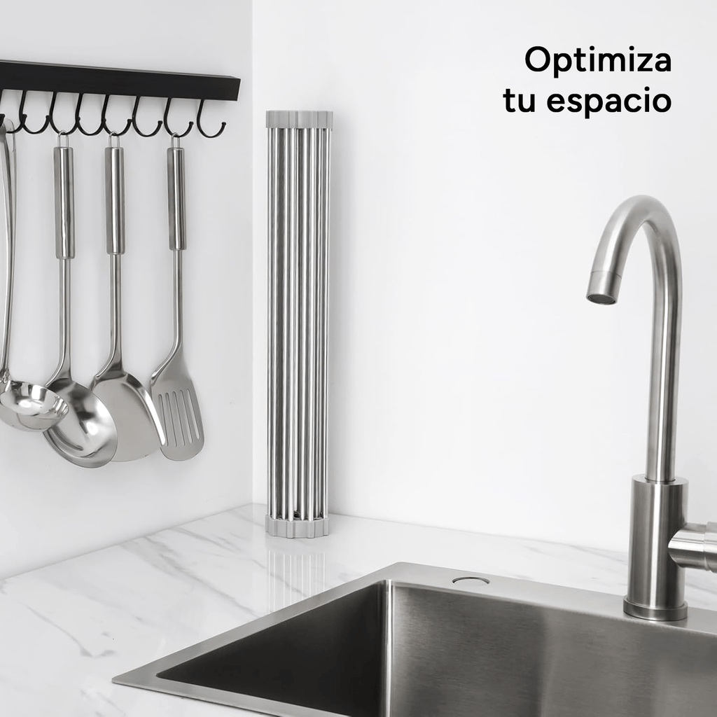 Escurridor de Platos para Fregadero, Escurridor de Platos Enrrollable de Acero Inoxidable, Escurridor Multifuncional sobre Fregadero, Escurridor de Platos Plegable, Colador de Cocina para Frutas y Verdurias, Fácil de Limpiar, Ahorra Espacio, Color Gris