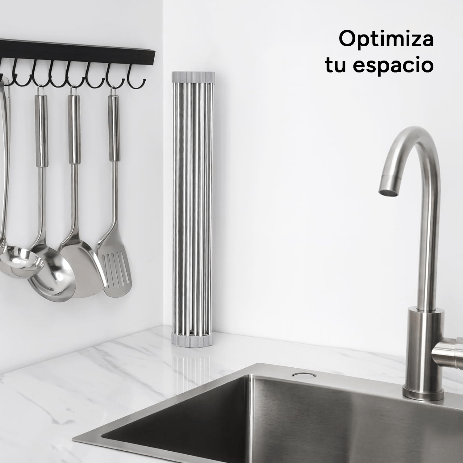 Escurridor de Platos para Fregadero, Escurridor de Platos Enrrollable de Acero Inoxidable, Escurridor Multifuncional sobre Fregadero, Escurridor de Platos Plegable, Colador de Cocina para Frutas y Verdurias, Fácil de Limpiar, Ahorra Espacio, Color Gris