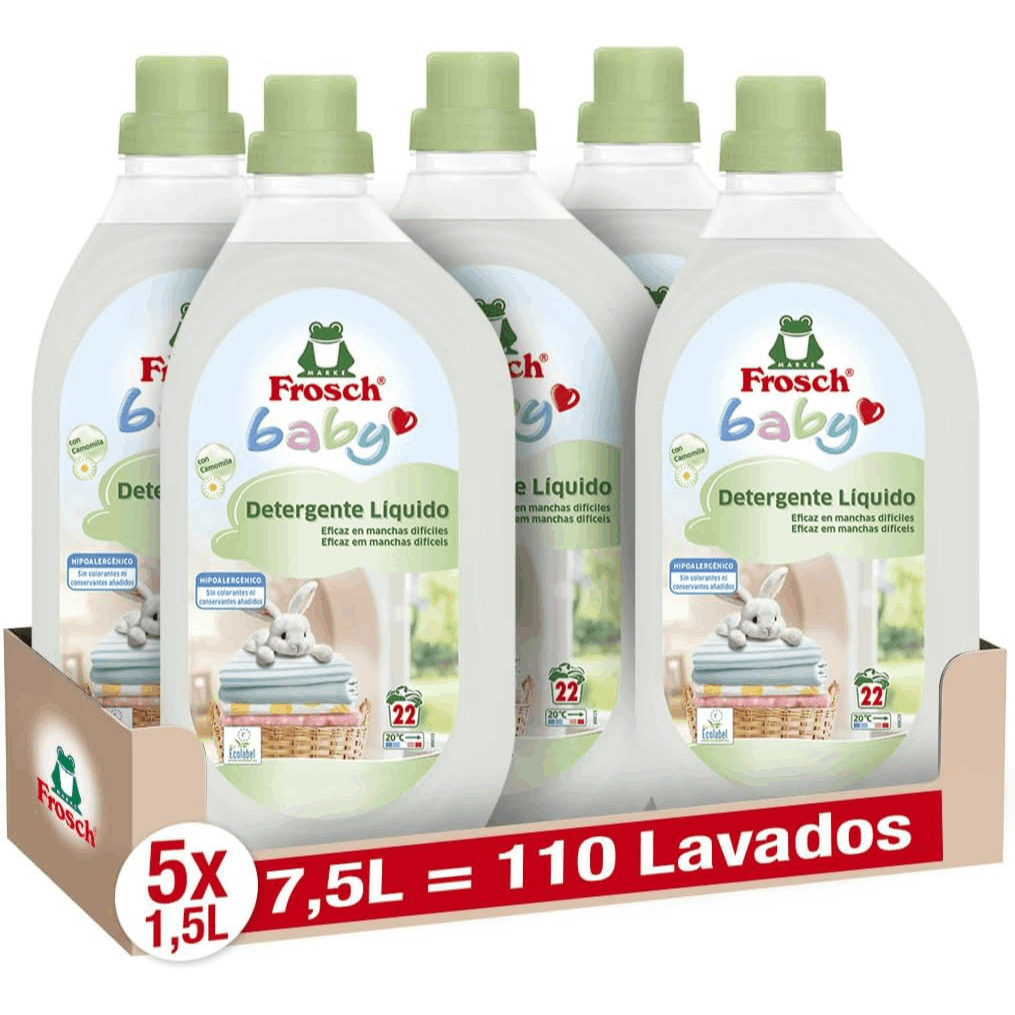 Frosch Detergente para Lavadora Líquido para Ropa de Bebé, Apto para Pieles Sensibles, Hipoalergénico, Reduce el Riesgo de Irritación, Pack de 5 Unidades x 1.5L, 7.5L en Total