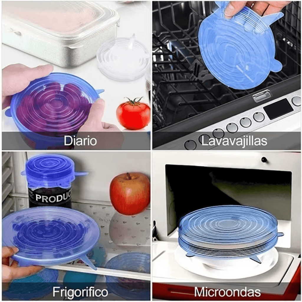 Set 10 Tapas Elásticas de Silicona Reutilizables, Fáciles de Lavar, Apto para Microondas, Nevera y Lavavajillas, Hecho de Silicona Resistente y Flexible, 4 Tapas Elásticas Rectangulares Azules, 6 Tapas Elásticas Circulares Azules
