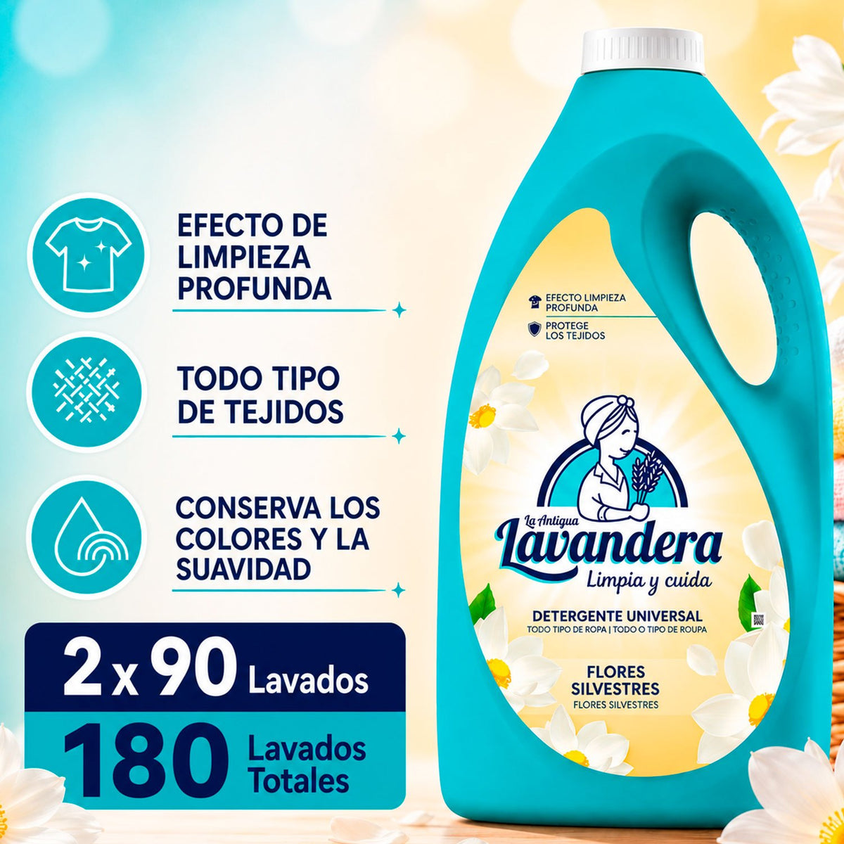 La Antigua Lavandera Detergente Líquido para Ropa, Aroma Flores Silvestres, Pack de 2 Botellas de 90 Lavados Cada Una, 180 Lavados en Total