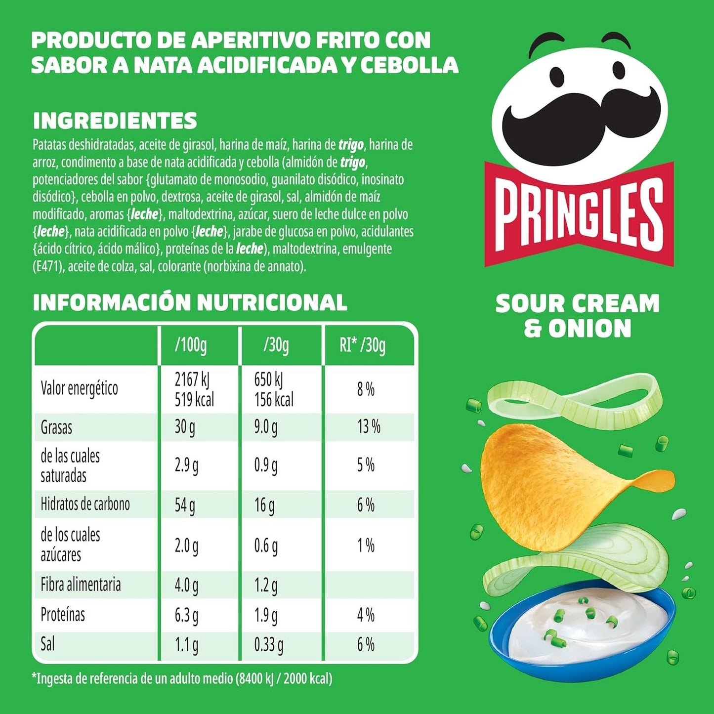 Pringles Sour Cream & Onion, Snack de Patatas Fritas sabor Crema Agria y Cebolla, Tamaño XL de 165g, Pack de 3 Unidades