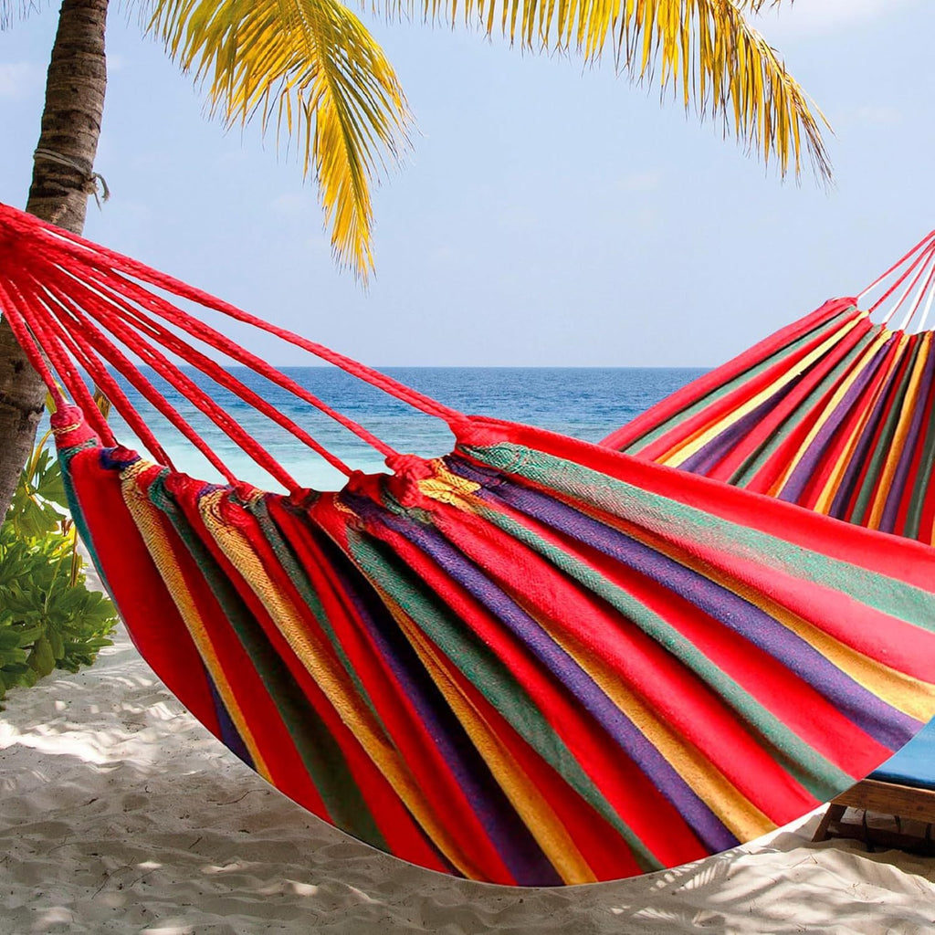 Hamaca Colgante para Exterior de Algodón, Ideal para Camping y Jardín, Medidas 200x100 cm, Hasta 200 kg de Capacidad de Carga, Incluye Bolsa de Transporte y Cuerda de 0,5cm x 2m