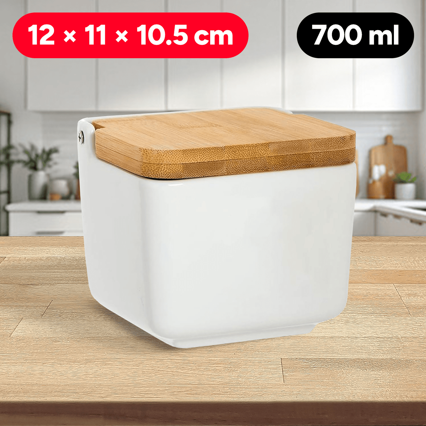 Salero Cocina con Tapa, Hecho de Cerámica y Madera, Capacidad de 700ml, Recipiente para Especias y Aliños, Blanco, 12 x 11 x 10,5 cm