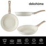 Sartenes Cocina Antiadherente, Sartenes de Aluminio de Alta Resistencia con Revestimiento Antiadherente efecto Mármol Blanco, Base de Inducción y Mangos de Baquelita Estilo Madera, Ø20/Ø24/Ø28cm