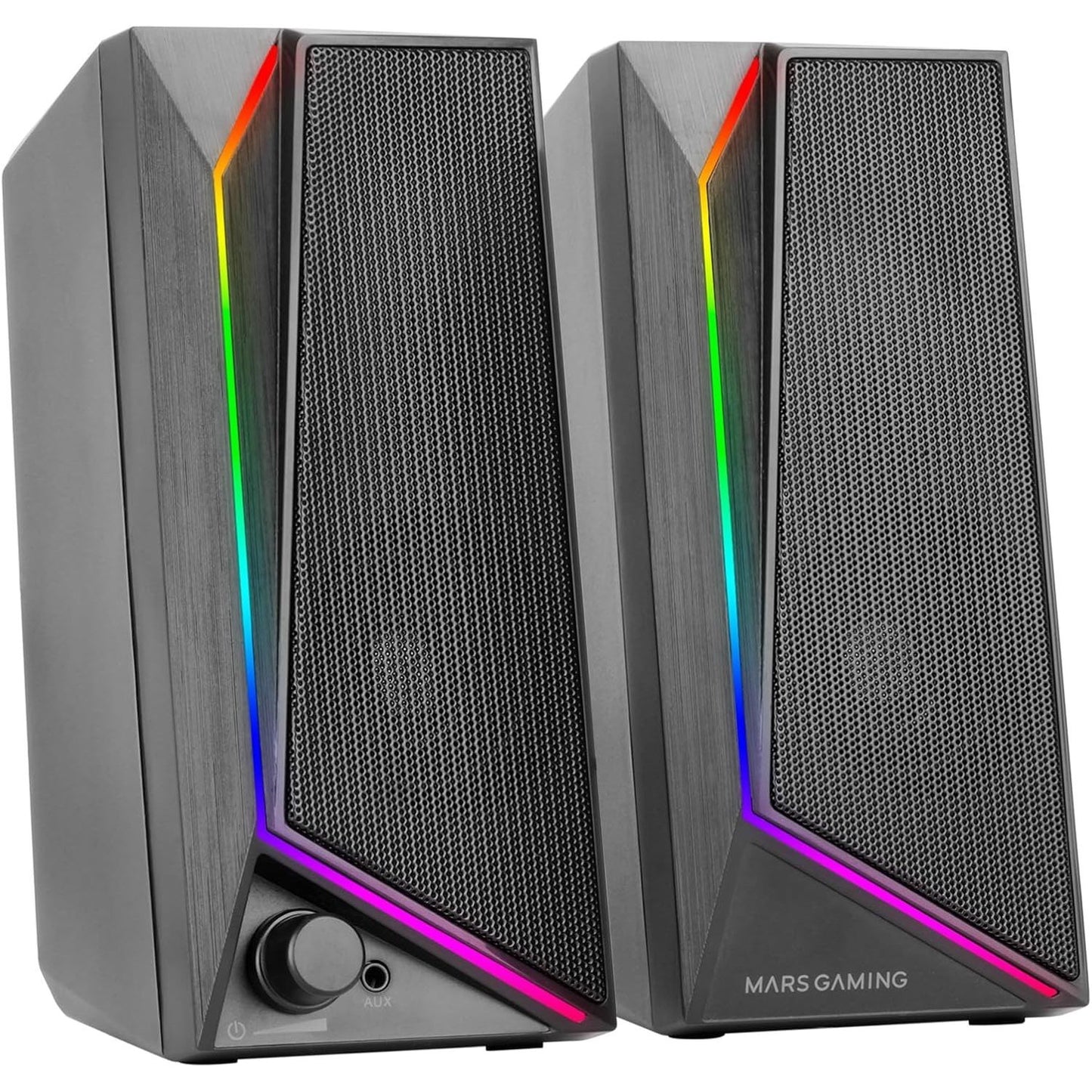 Mars Gaming MS72, Altavoces Gaming 15W, Iluminación RGB Flow, 2 Drivers Activos, Chipset DSP, Conexión Plug&Play USB y Jack 3.5mm, Rueda Control de Volumen y Puerto de Audio para Auriculares, Negro