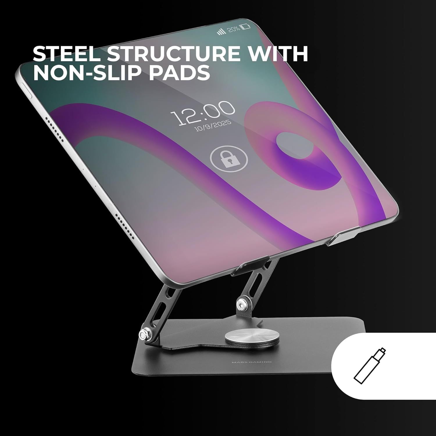 Mars Gaming MA-RSN, Soporte para Portátiles y Tablets hasta 17", Ajuste en Altura + Inclinación + Rotación 360º, Stand Estructura Acero, Almohadillas Antideslizantes, Diseño Plegable Portátil, Negro