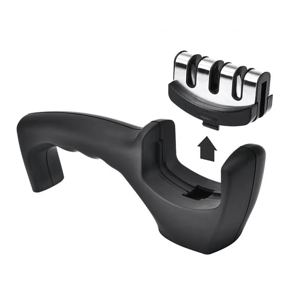 Afilador de Cuchillos Resistente con Base Antideslizante y Muelas Extraíbles, Hasta 3 Ranuras de Diferentes Composiciones, Afila en Pocos Segundos y Sin Esfuerzo, Hecho en Acero, Tungsteno, Cerámica y Polipropileno