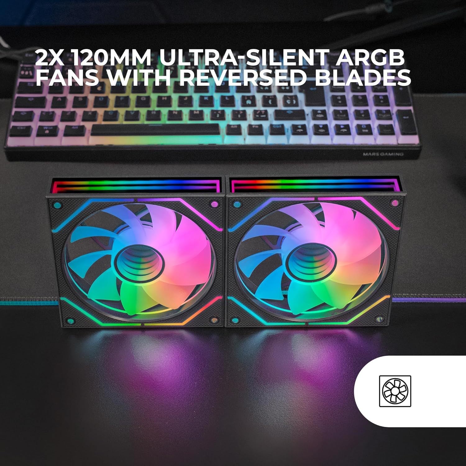 Mars Gaming MF-3DPROX2R, Kit 2x Ventiladores 120mm, Aspas Invertidas, Iluminación ARGB Triple Infinity Mirror 360°, Control PWM, Rodamientos FDB, Ventiladores PC con Compatibilidad Total ARGB, Negro