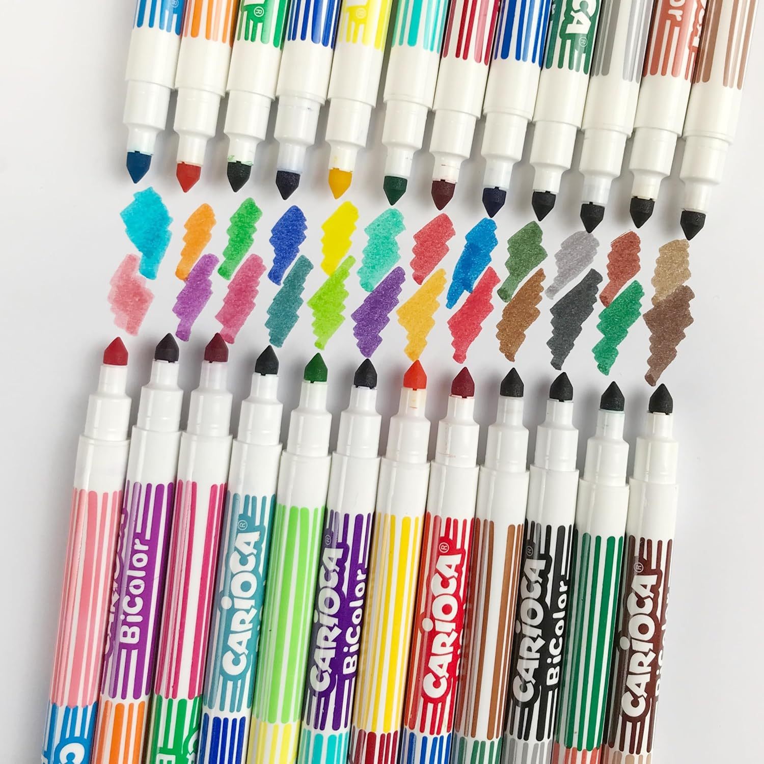 CARIOCA BiColor Rotuladores de Colores con Doble Punta, Punta Media, Rotuladores Lavables, Paquete de 12 Rotuladores con 24 Colores