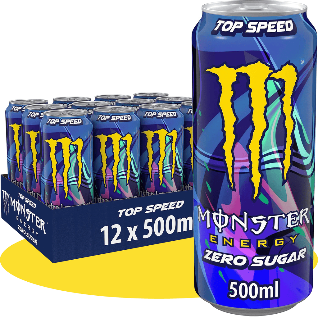 MONSTER ENERGY Top Speed Lewis Hamilton Bebida Energética Sabor Melocotón y Frutas Tropicales, Sin Azúcar, 12 Latas de 500ml