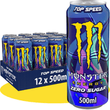 MONSTER ENERGY Top Speed Lewis Hamilton Bebida Energética Sabor Melocotón y Frutas Tropicales, Sin Azúcar, 12 Latas de 500ml
