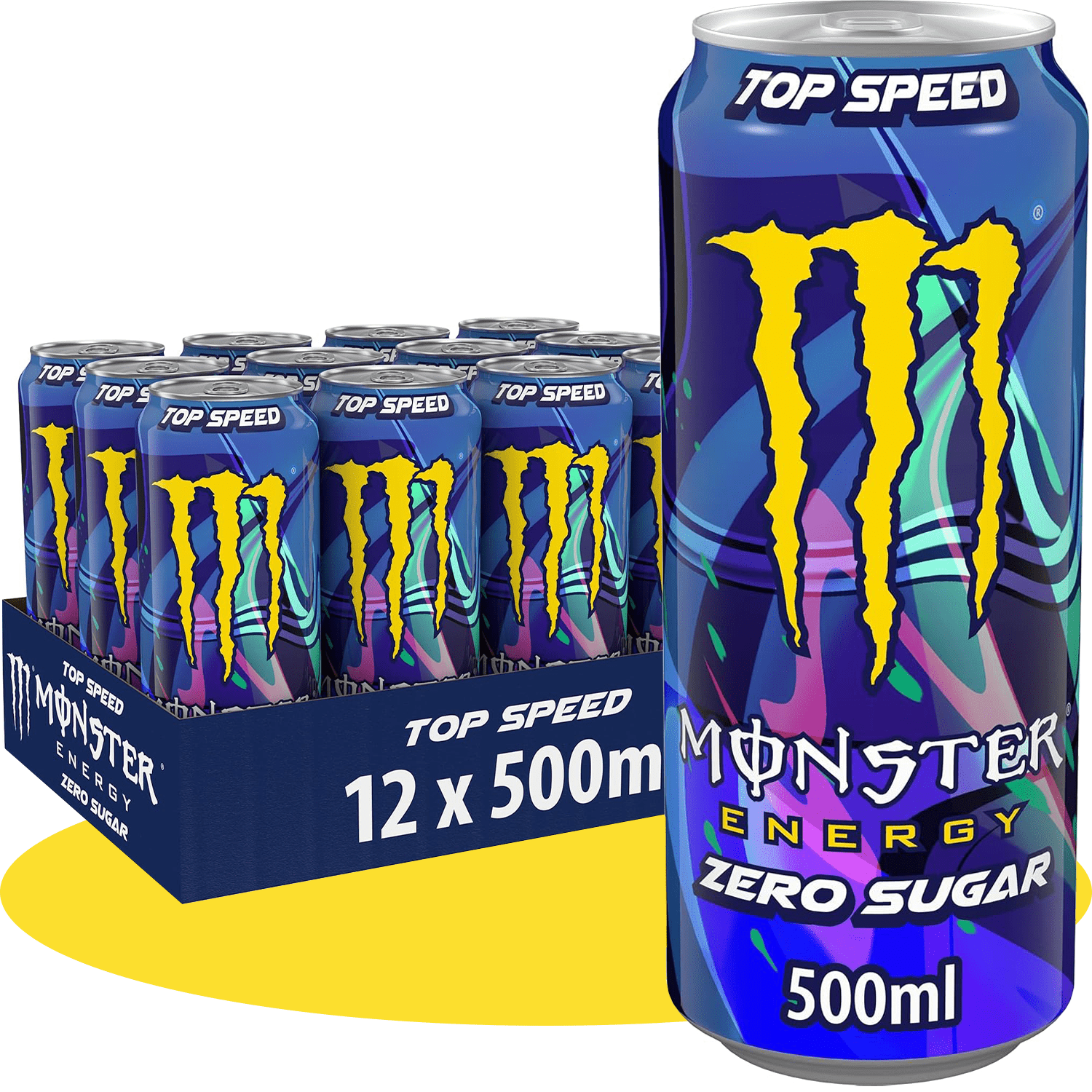 MONSTER ENERGY Top Speed Lewis Hamilton Bebida Energética Sabor Melocotón y Frutas Tropicales, Sin Azúcar, 12 Latas de 500ml