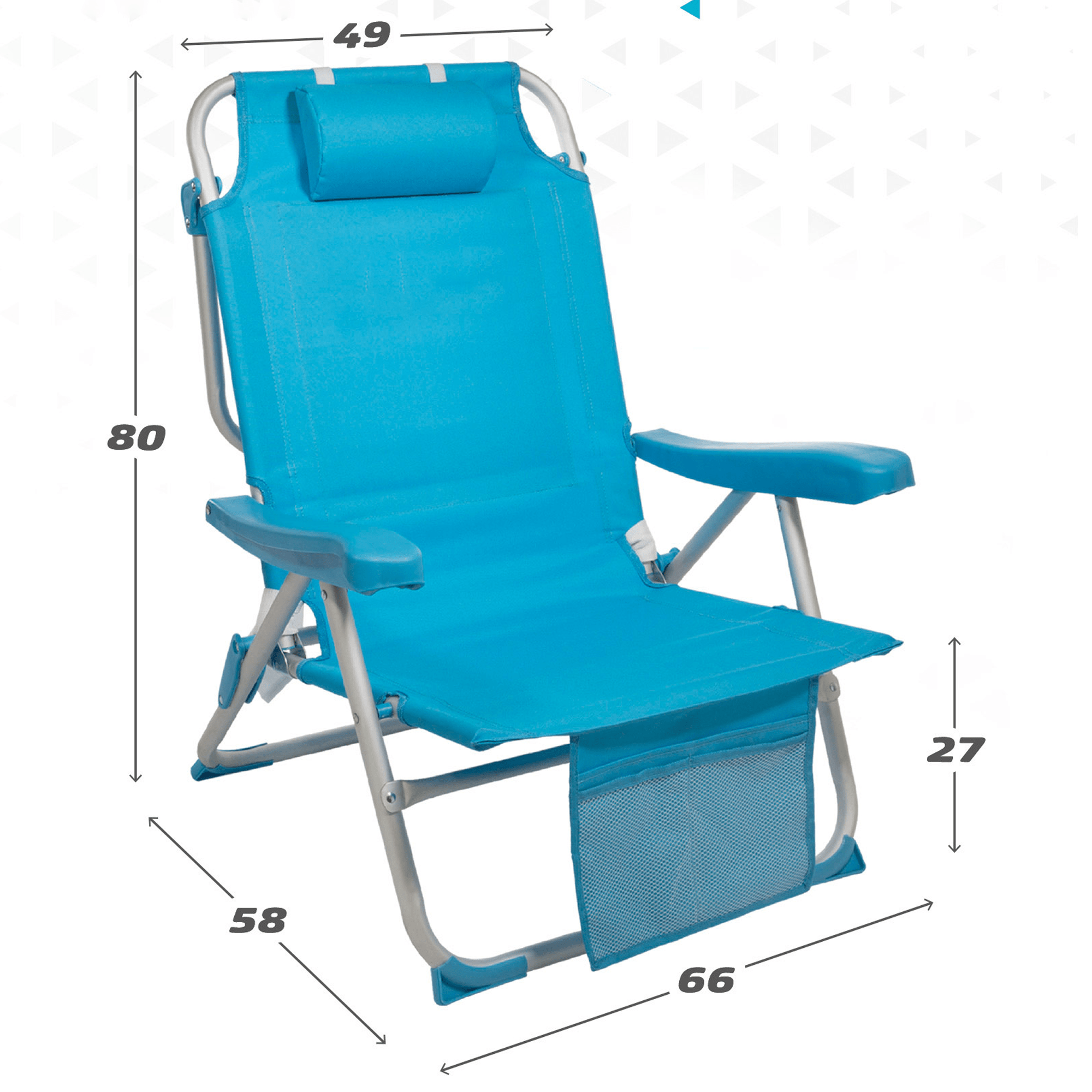Silla Plegable Playa Reclinable y Resistente. Soporta hasta 100kg. 5 Posiciones, Respaldo Reclinable, Cojín Acolchado, Bolsillo Frontal. Sistema Antivuelco. Estructura Reforzada. Hecha de Aluminio y Poliéster. Ideal para Playa, Jardín