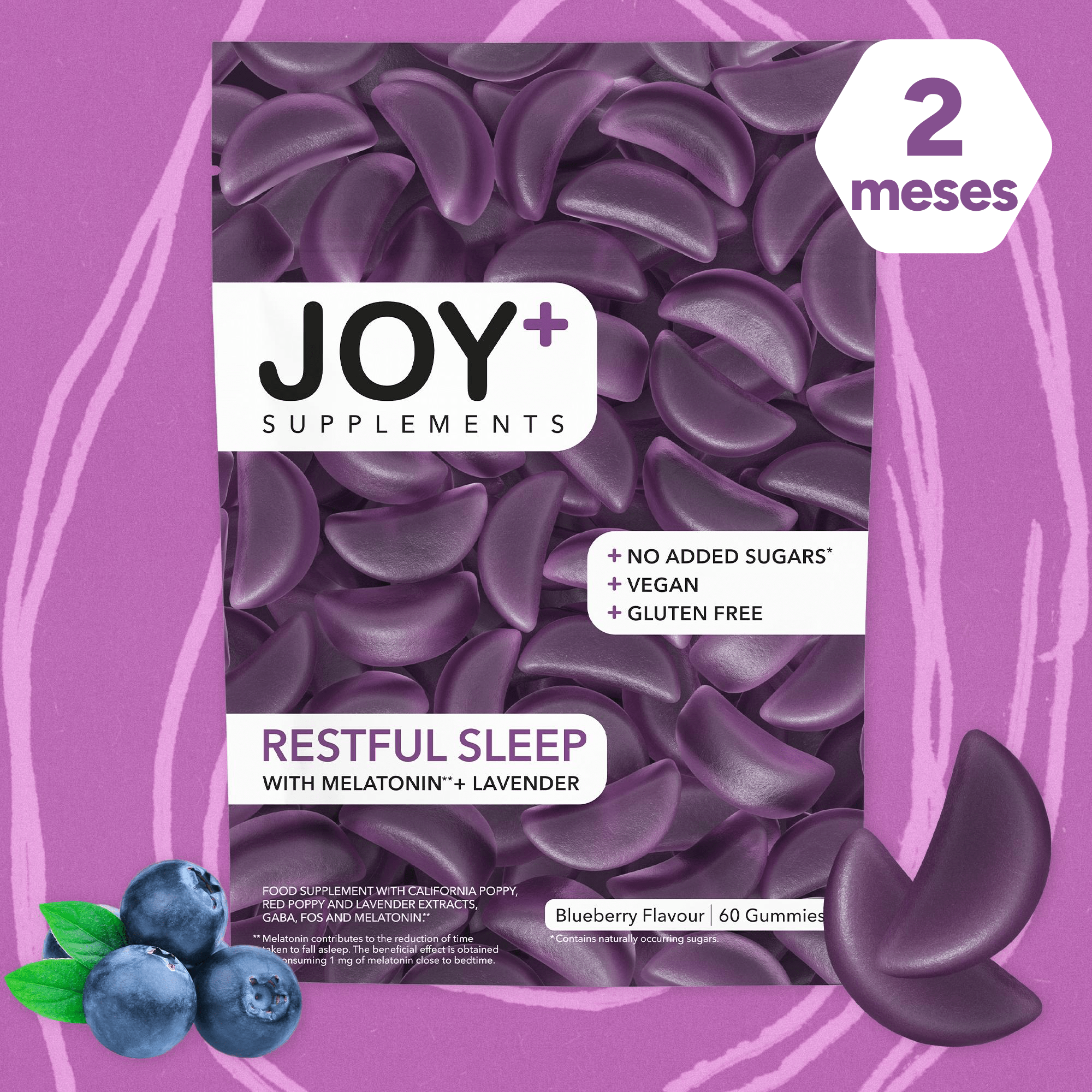 Gominolas para Dormir con Melatonina, Lavanda, Amapola California, Amapola Roja y GABA, Sabor Arándanos, 60 Gummies - Joy+ Supplements