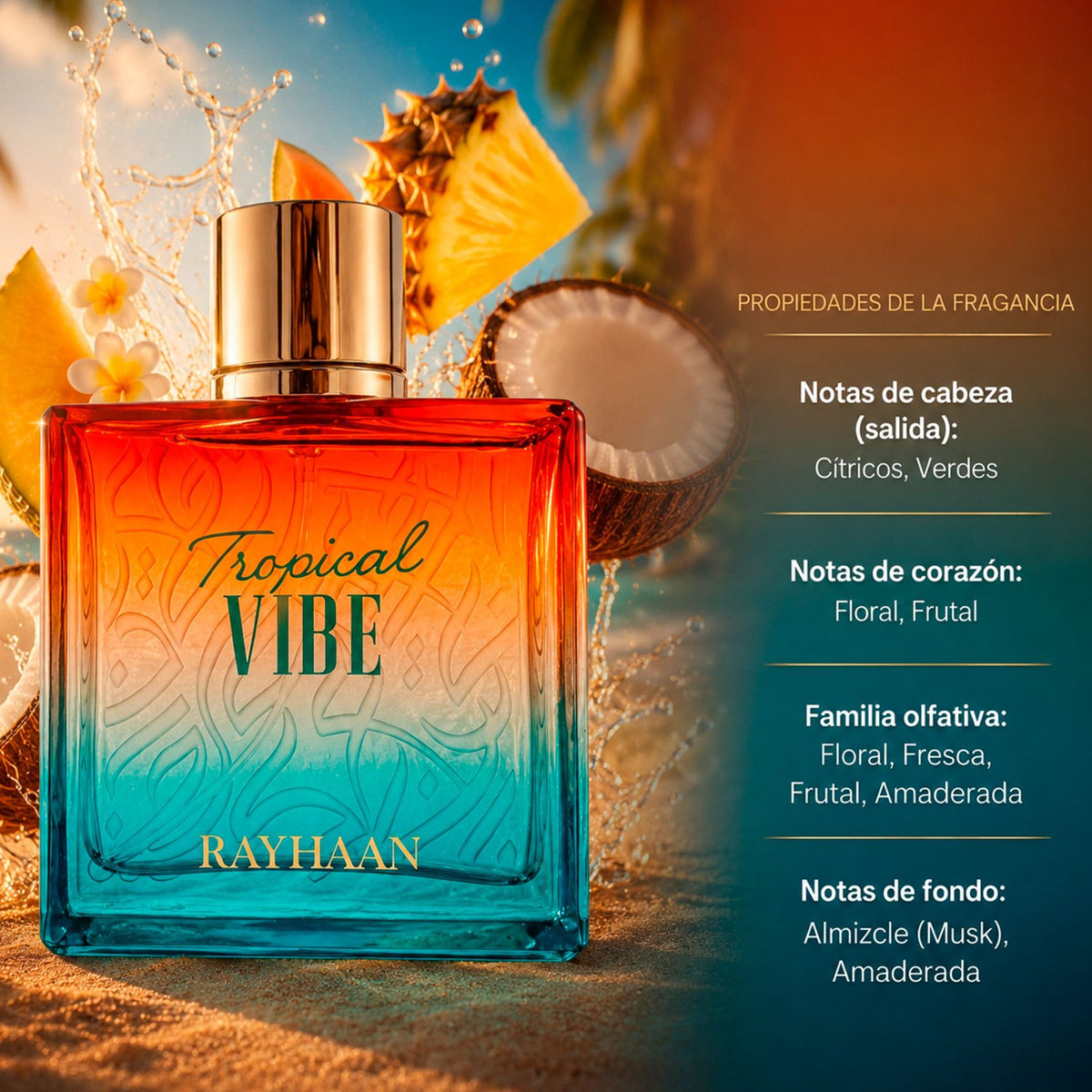 Rayhaan Tropical Vibe Eau de Parfum Unisex, Perfume Árabe de Aroma Tropical y Frutal con Notas de Mango, Piña, Coco y Ámbar, 100 ml