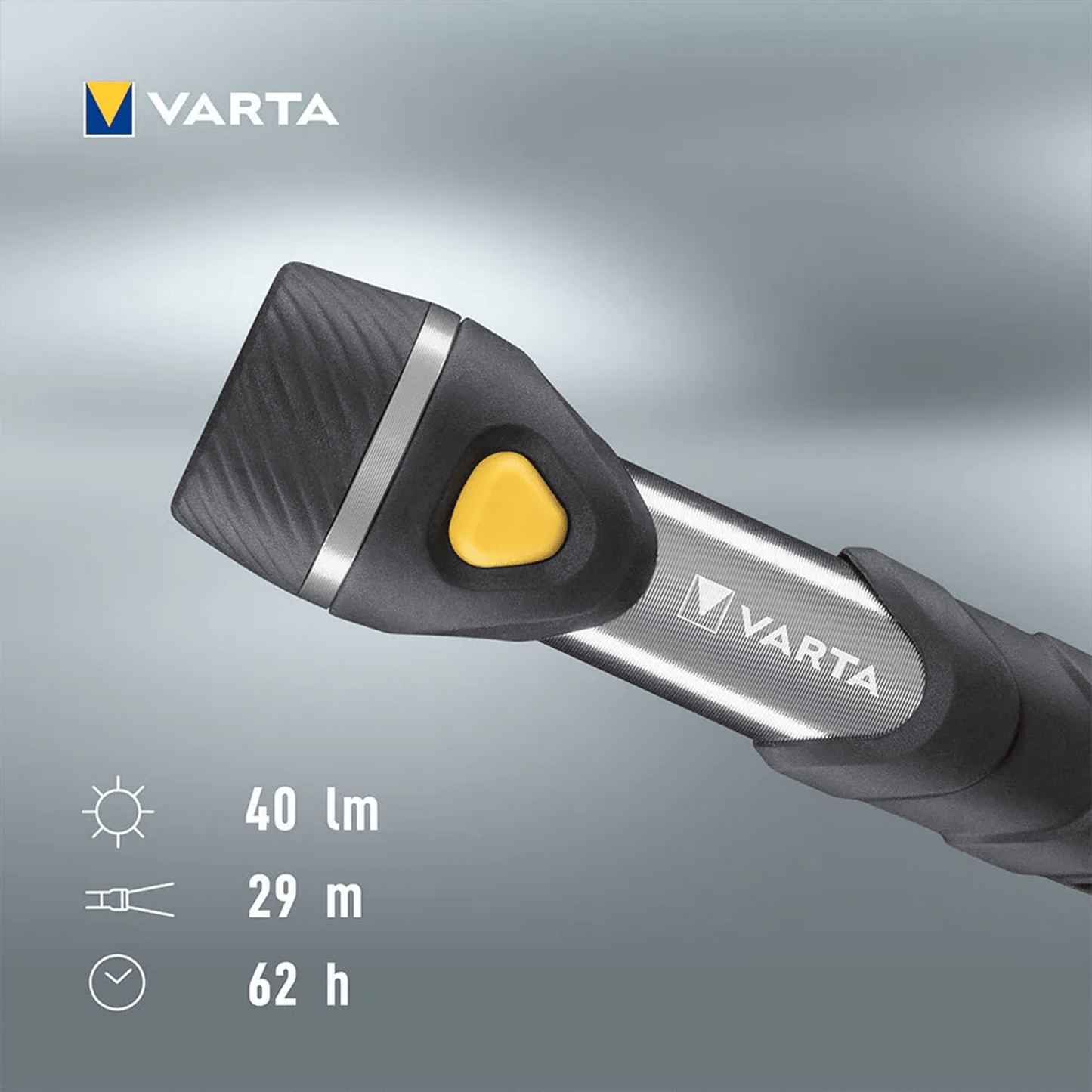 Linterna con Pilas, Multi LED, 40 Lumens, 62h de Duración, 29m de Alcance, Carcasa Resistente a Golpes, Correa de Mano Incluida, Funciona con 2 Pilas AA (incluidas), 16.3cm de Longitud - VARTA