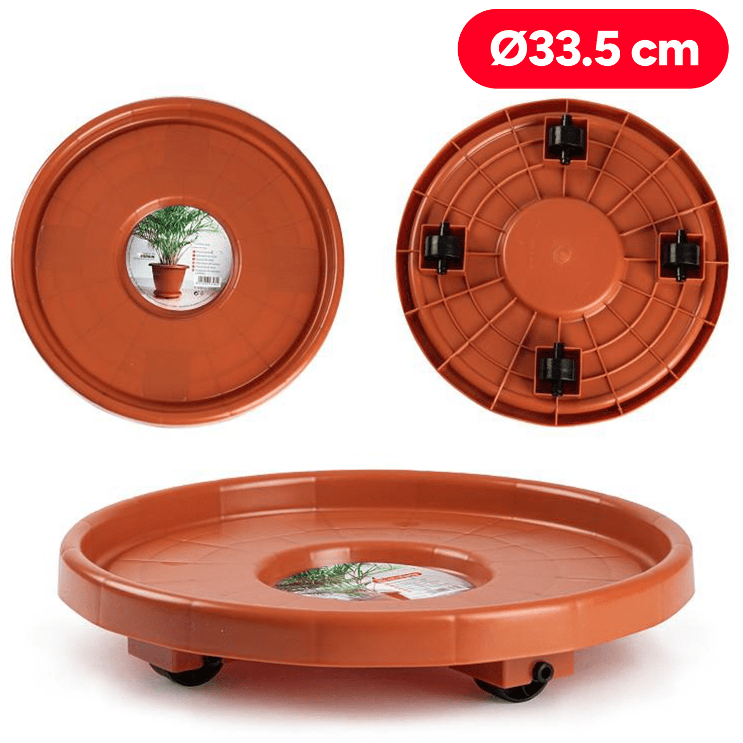 4 Bandejas Ruedas Plantas, soporte para plantas, Porta Macetas, Resistente y Duradero, Ideal para Interior y Exterior, Ø 33,5cm