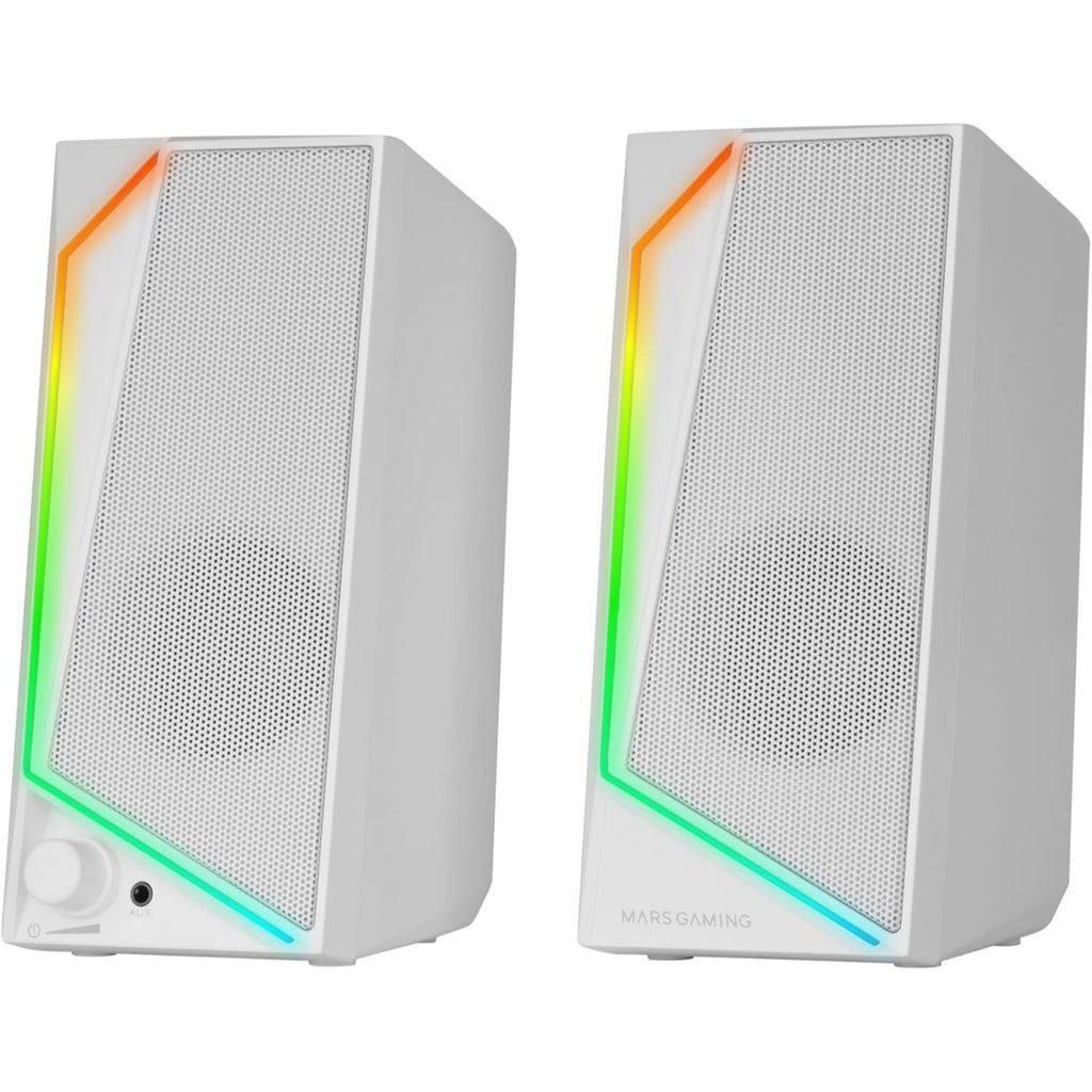 Mars Gaming MS72, Altavoces Gaming 15W, Iluminación RGB Flow, 2 Drivers Activos, Chipset DSP, Conexión Plug&Play USB y Jack 3.5mm, Rueda Control de Volumen y Puerto de Audio para Auriculares, Blanco