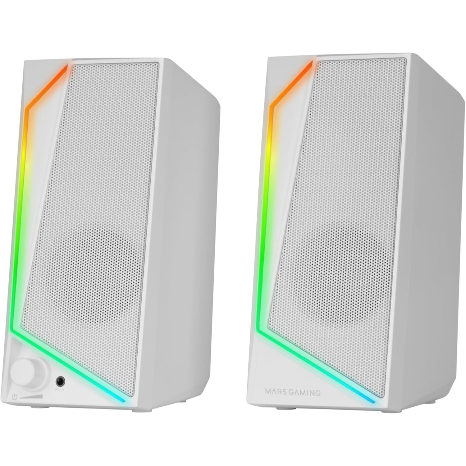 Mars Gaming MS72, Altavoces Gaming 15W, Iluminación RGB Flow, 2 Drivers Activos, Chipset DSP, Conexión Plug&Play USB y Jack 3.5mm, Rueda Control de Volumen y Puerto de Audio para Auriculares, Blanco