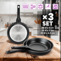 Set Sartenes Cocina Antiadherente, 3 Tamaños: 20, 24 y 28 cm de Diámetro, Calidad Cocina Profesional, Aluminio Fundido a Presión, Acabado Efecto Piedra, Revestimiento Antiadherente, Distribuye el Calor Uniformemente, Muy Resistente a Arañazos