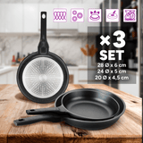 Set Sartenes Cocina Antiadherente, 3 Tamaños: 20, 24 y 28 cm de Diámetro, Calidad Cocina Profesional, Aluminio Fundido a Presión, Acabado Efecto Piedra, Revestimiento Antiadherente, Distribuye el Calor Uniformemente, Muy Resistente a Arañazos