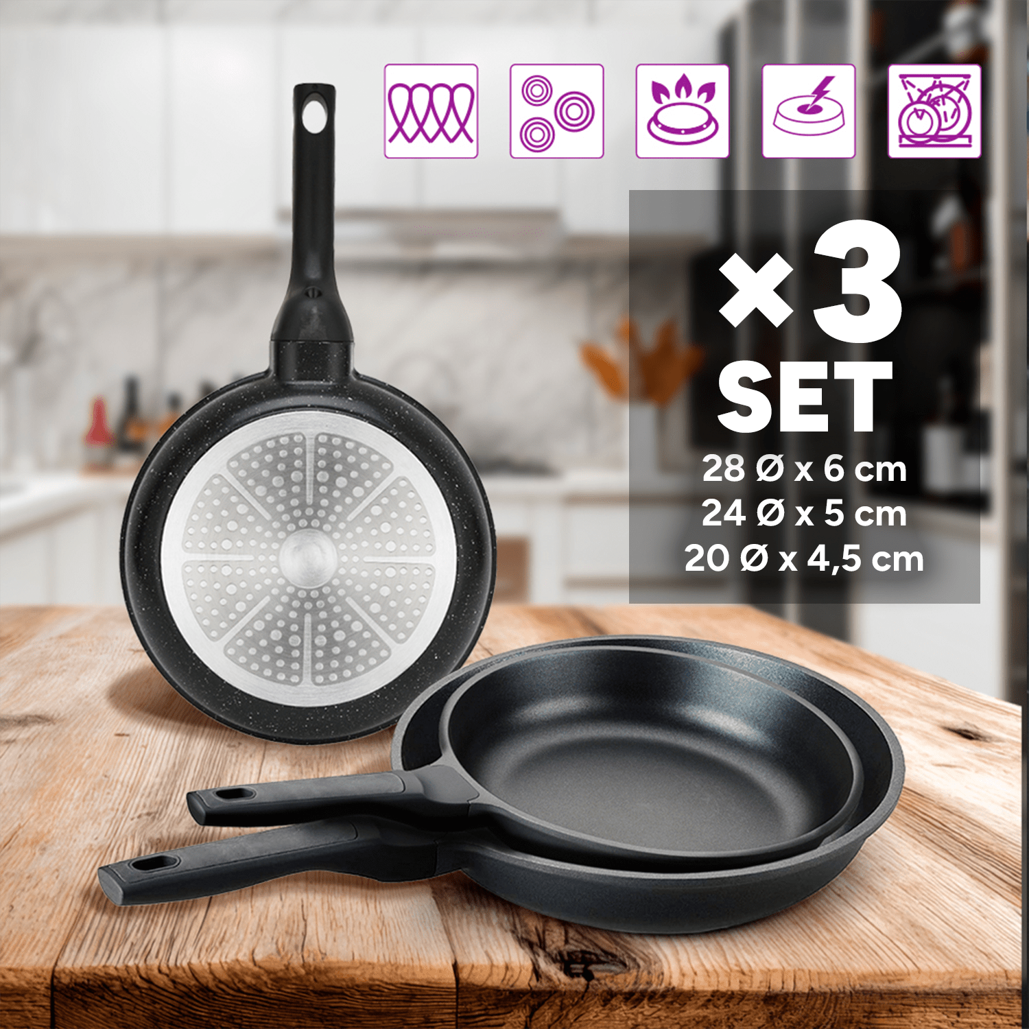 Set Sartenes Cocina Antiadherente, 3 Tamaños: 20, 24 y 28 cm de Diámetro, Calidad Cocina Profesional, Aluminio Fundido a Presión, Acabado Efecto Piedra, Revestimiento Antiadherente, Distribuye el Calor Uniformemente, Muy Resistente a Arañazos