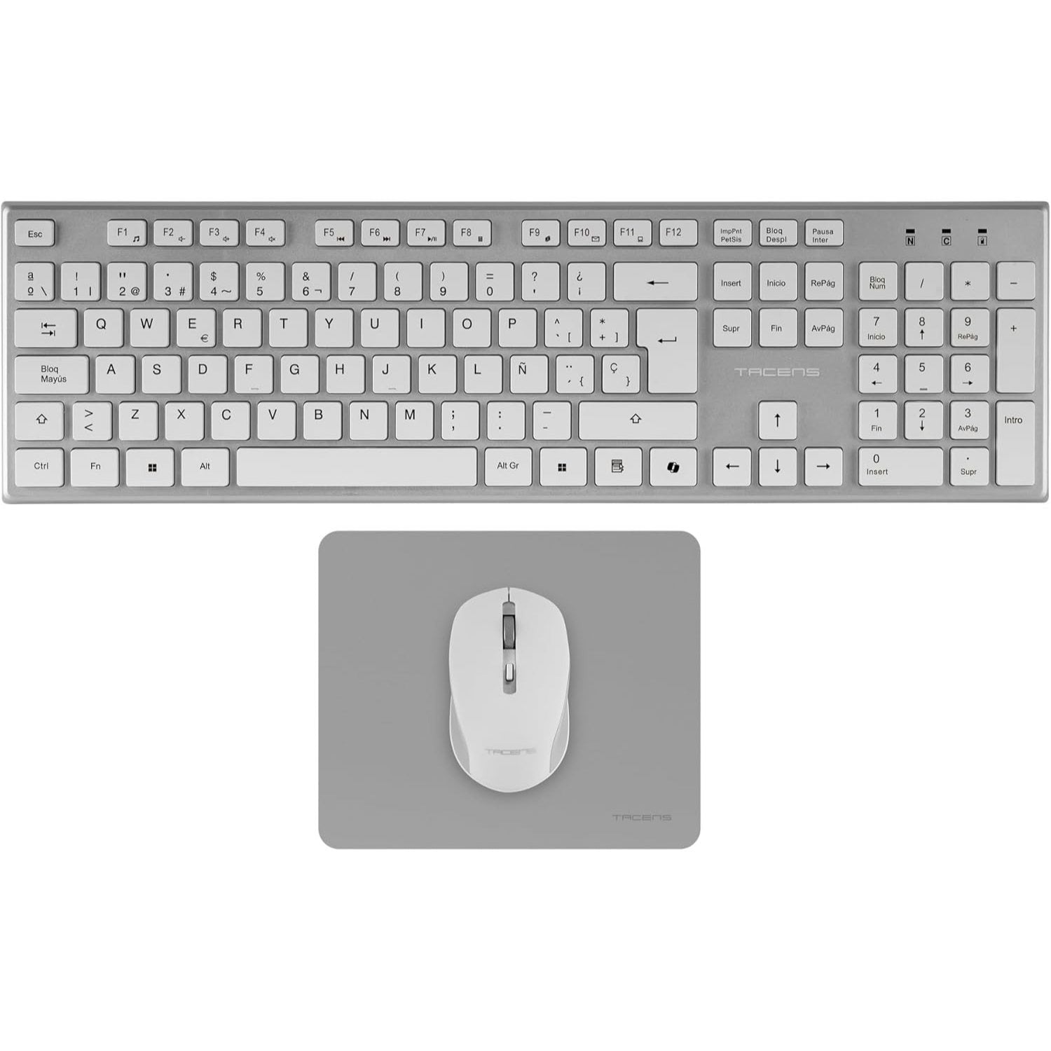 Tacens Zenith, Combo Inalámbrico 3en1 con Tecnología DualLink 2.4 GHz, Teclado Completo Full-Size con SmartKey Copilot AI, Ratón Óptico 3200 dpi, Alfombrilla Nanotextil, Idioma Español, Blanco