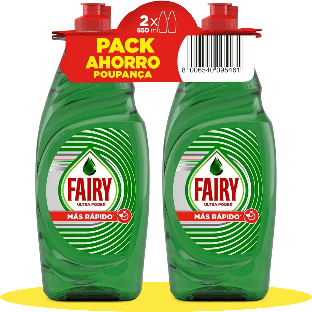 FAIRY Ultra Poder Original Líquido Lavavajillas Con Limpieza Antigrasa Hasta 3 Veces Más Rápida, 2 Botellas de 650ml