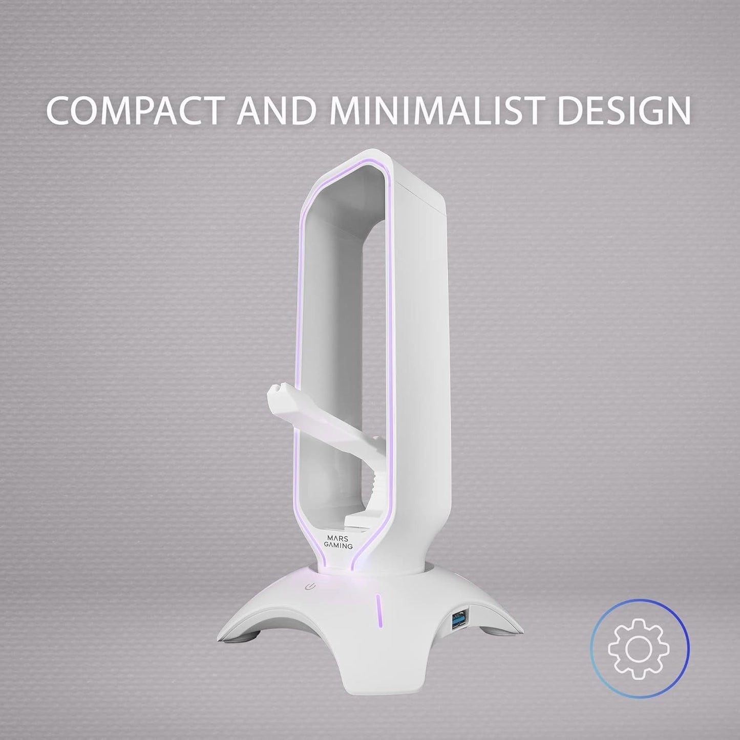 Mars Gaming MHHPRO, Soporte Auriculares 3en1 con Iluminación RGB Flow Touch, Bungee para Ratón, HUB con 2 USB 3.0, Base Antideslizante y Diseño Compacto, Blanco