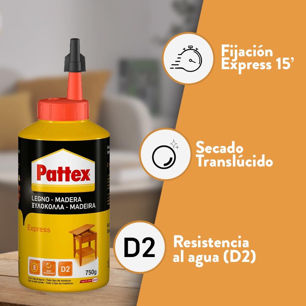 Pattex Cola para Madera Express Traslúcida, Cola de Contacto para Madera de Secado Rápido, Adhesivo de Montaje, Ensamblaje, Chapado y Laminado, Botella de 750 g