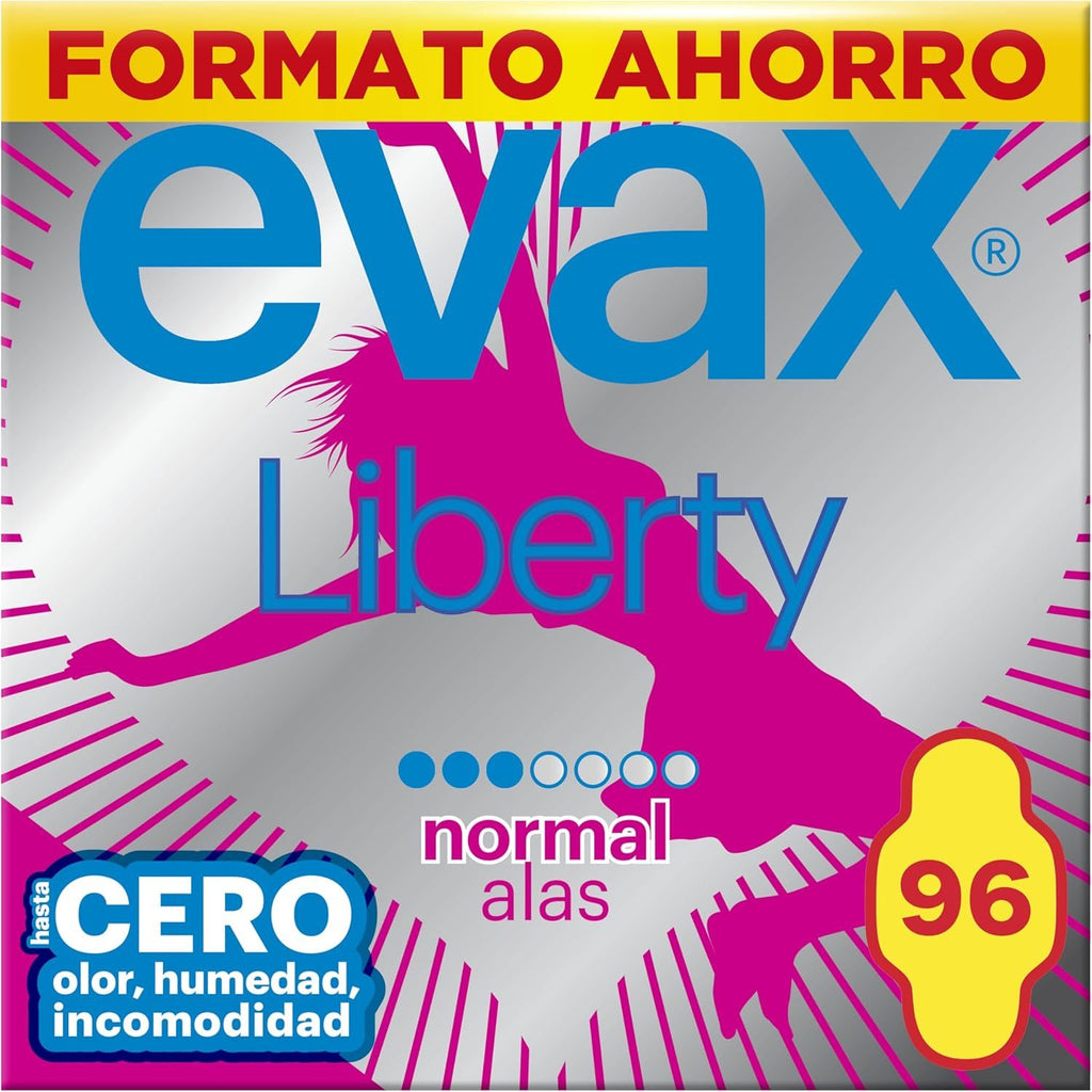 Evax Compresas Mujer Menstruación, Evax Liberty Normal Compresas Con Alas, Se Adapta a tu Cuerpo, Neutraliza el Olor, No Notarás Que Las Llevas, 96 Unidades