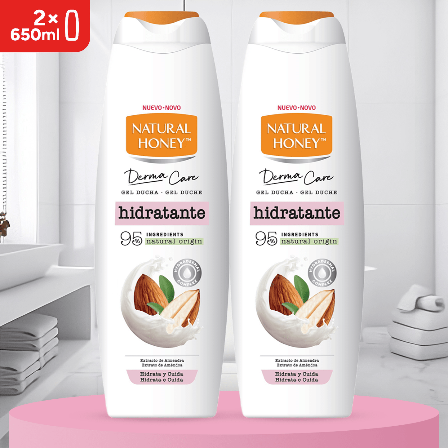 Natural Honey, Gel de Ducha Hidratante con Extracto de Almendras y Hydradermal Complex, Hidratación Intensa y Duradera para una Piel Suave, Fresca y Protegida, Línea Derma Care, 650 ml