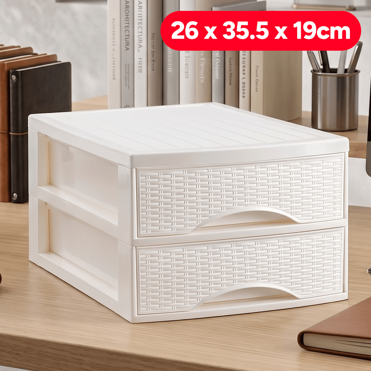 Cajonera Almacenamiento de Sobremesa, Efectto Rattan, 2 Cajones, Ideal para Ordenar y Organizar el Hogar, Blanco, 26 x 35.5 x 19cm