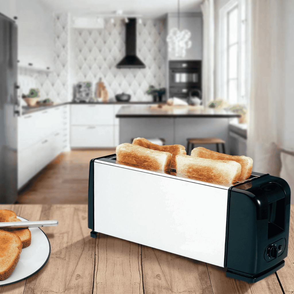 Tostadora de Pan de Molde de 4 Rebanadas, 7 Niveles de Tostado, Botón de Parado, Capacidad para 4 Rebanadas, Cuerpo de Acero Inoxidable, 1200W, 37,7 x 12,7 x 17,5 cm
