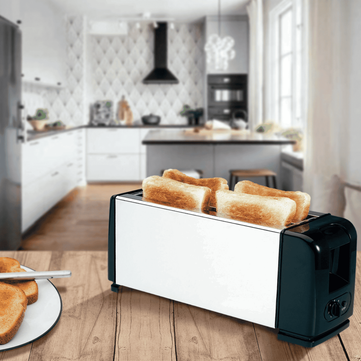Tostadora de Pan de Molde de 4 Rebanadas, 7 Niveles de Tostado, Botón de Parado, Capacidad para 4 Rebanadas, Cuerpo de Acero Inoxidable, 1200W, 37,7 x 12,7 x 17,5 cm