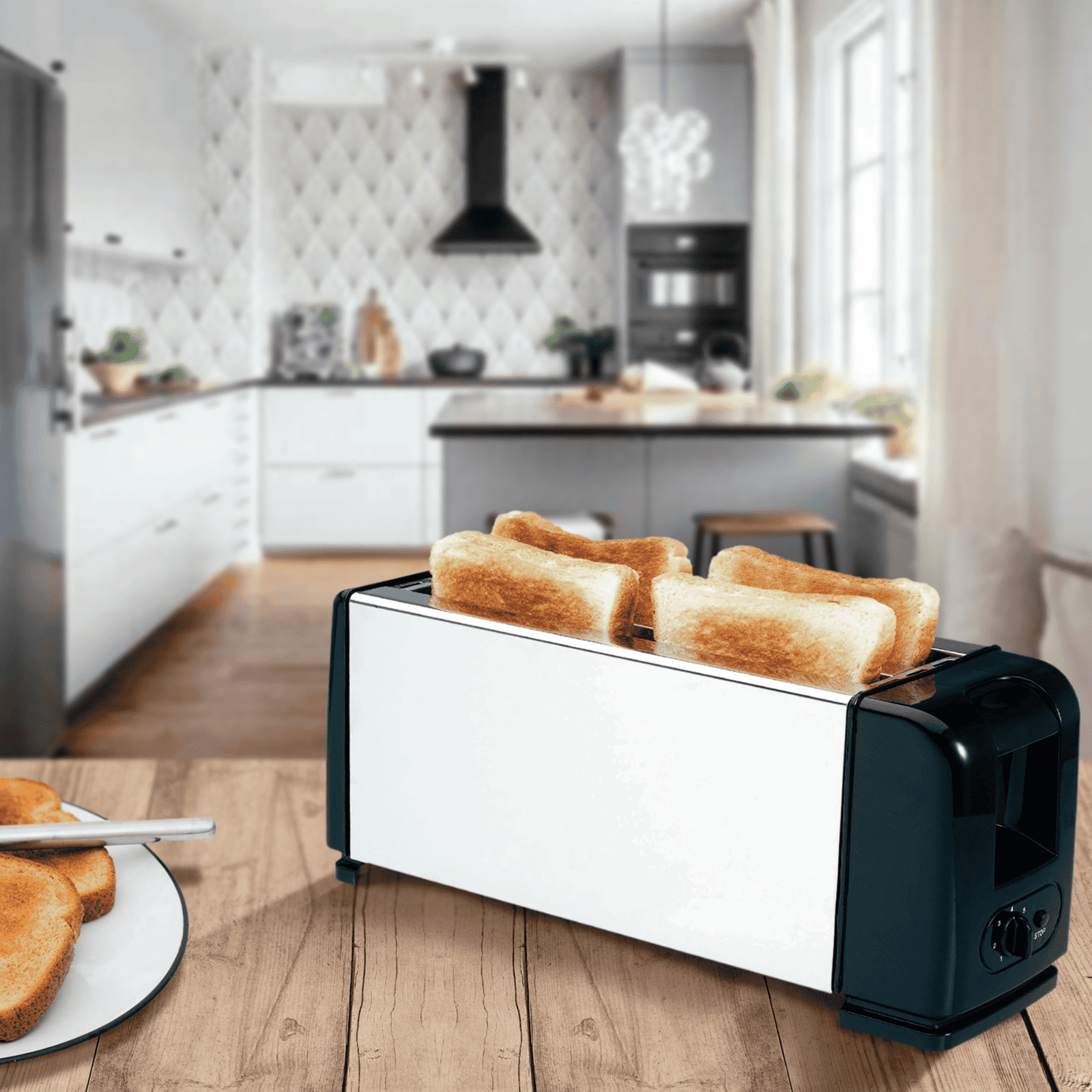 Tostadora de Pan de Molde de 4 Rebanadas, 7 Niveles de Tostado, Botón de Parado, Capacidad para 4 Rebanadas, Cuerpo de Acero Inoxidable, 1200W, 37,7 x 12,7 x 17,5 cm