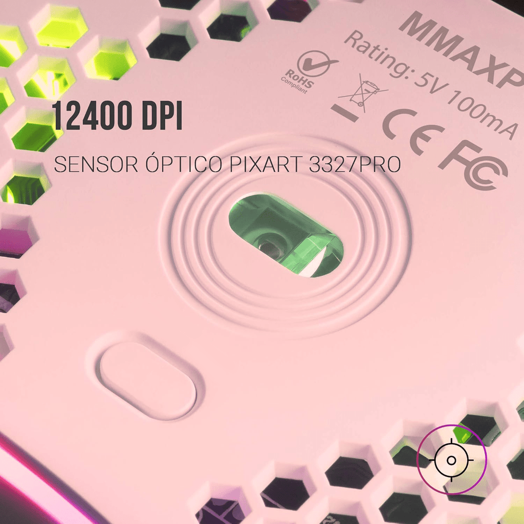 Mars Gaming MMAX, Ratón Gaming Ultraligero 69g, Sensor PixArt 12400DPI, RGB Chroma, 7 Botones Programables, Switches HUANO, Cable Feather, Windows/Linux/Mac/PS4/PS5/ Xbox One/Xbox Series X-S, Rosa