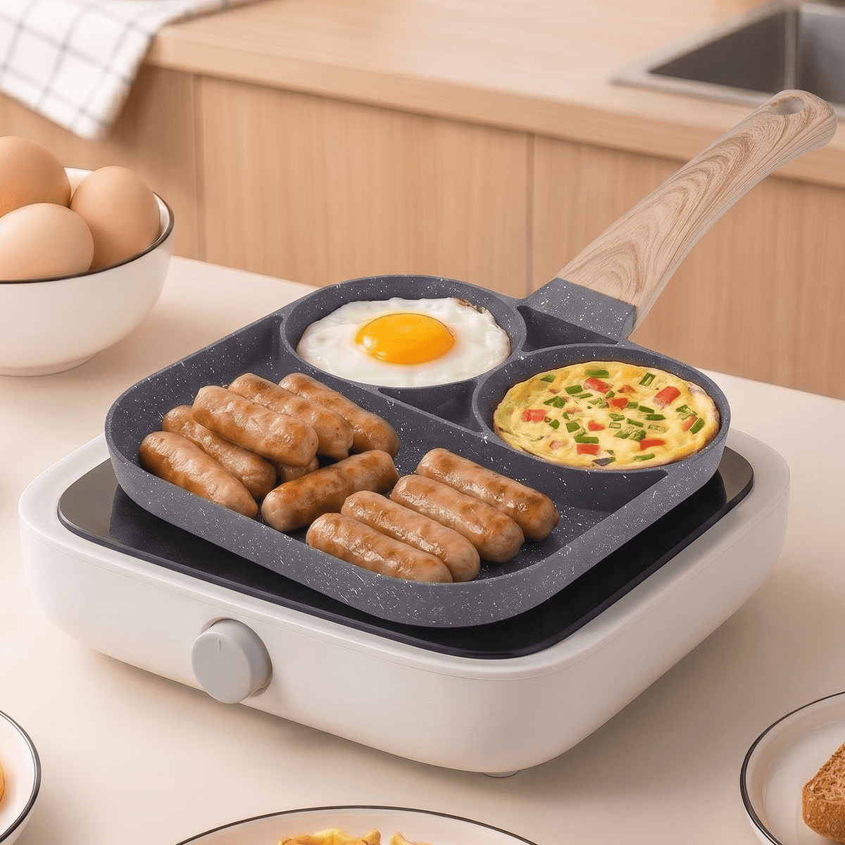 Sartén de 3 Compartimentos, Fabricado en Aluminio de Alta Calidad, Fácil Limpieza, Revestimiento Antiadherente, Compatible con Todo Tipo de Cocinas, Perfecta para Huevos y Panqueques, 17 x 17cm