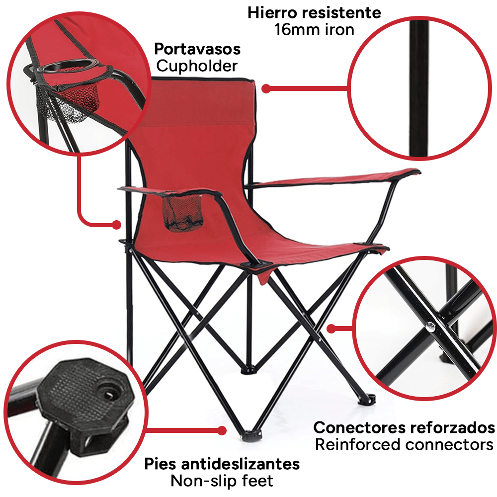 Silla Plegable Camping con Respaldo y Apoyabrazos, Ideal para Picnic, Pesca y Exterior, Resistente y Compacta, Soporta 120 kg, 50x50x80 cm, Rojo