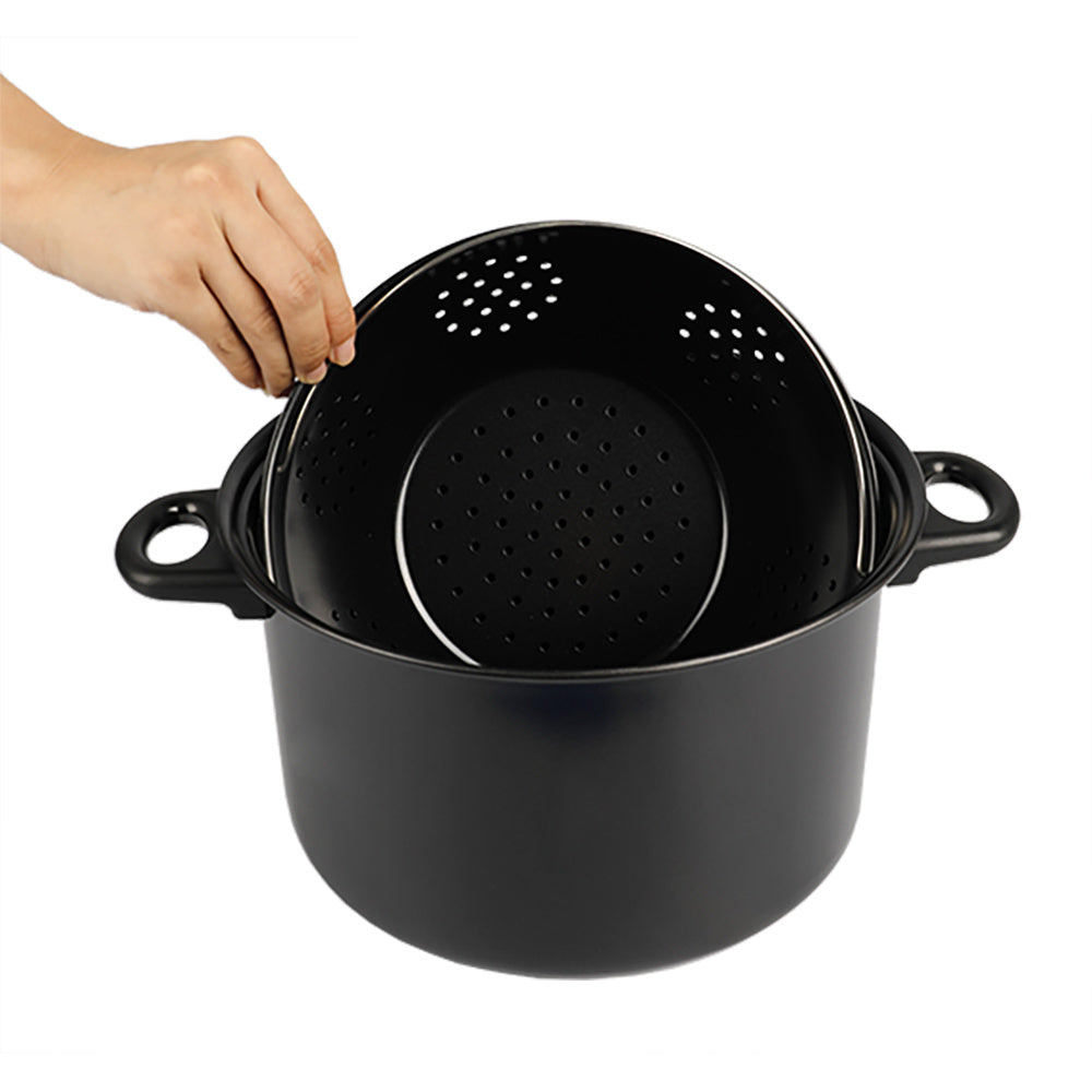 Cacerola de Cocina Antiadherente de 26 cm con Escurridor y Tapa de Cristal con Válvula, Asas de Baquelita, Acero de 5 mm, Ideal para Cocinar y Escurrir con Comodidad