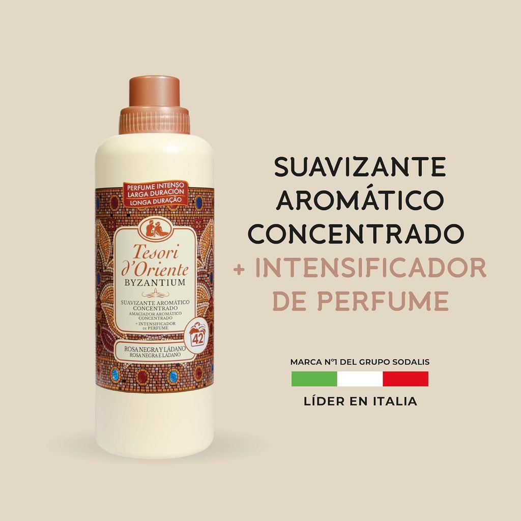 Tesori d'Oriente, Perfumador y Suavizante de Ropa Líquido Aromático Concentrado Byzantium, Aroma Intenso de Rosa Negra y Ládano, Microcápsulas para Fragancia Duradera, Facilita el Planchado, 760ml - 42 Lavados por Botella
