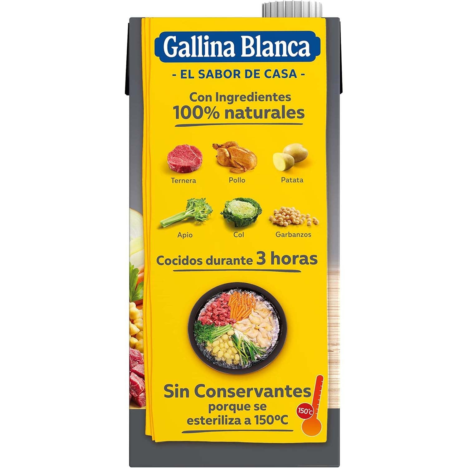GALLINA BLANCA Caldo Casero de Cocido 100% Natural, Elaborado con Pollo Fresco, Ternera, Garbanzos y Verduras de la Huerta, Cocinado a Fuego Lento. Sin Gluten, Sin Conservantes, 1L por Brick