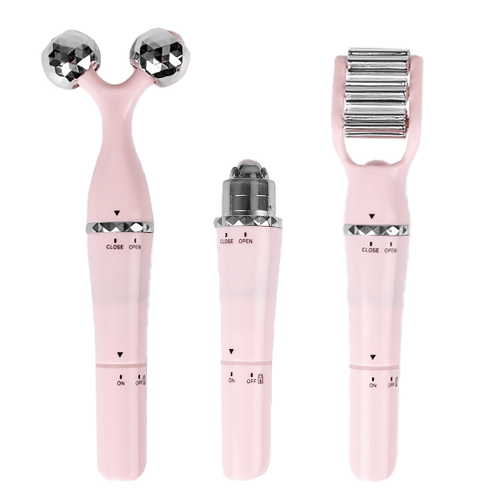 Masajeador Facial con 3 Cabezales, Rodillo para Triple Masaje, Rodillo en V para Reafirmar, Esfera para Contorno de Ojos, Vibración Suave, Práctico y Ligero, Funciona con 1 Pila AA (No Incluida)